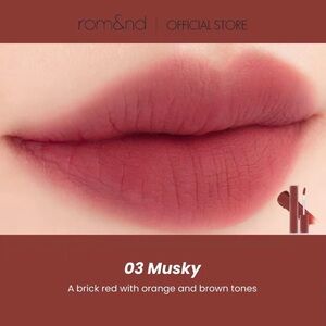 Rom&nd 03 Musky Blur Fudge Tint- warm tone brick red shade, matte, long wear
